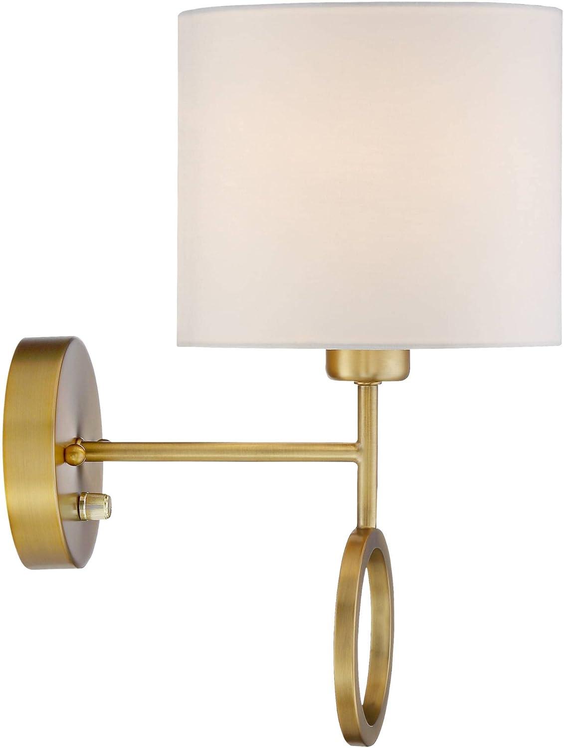 360 Lighting Amidon Modern Wall Lamp Warm Brass Metal Plug-in 8" Light Fixture White Fabric Drum Shade for Bedroom Reading Living Room House Home