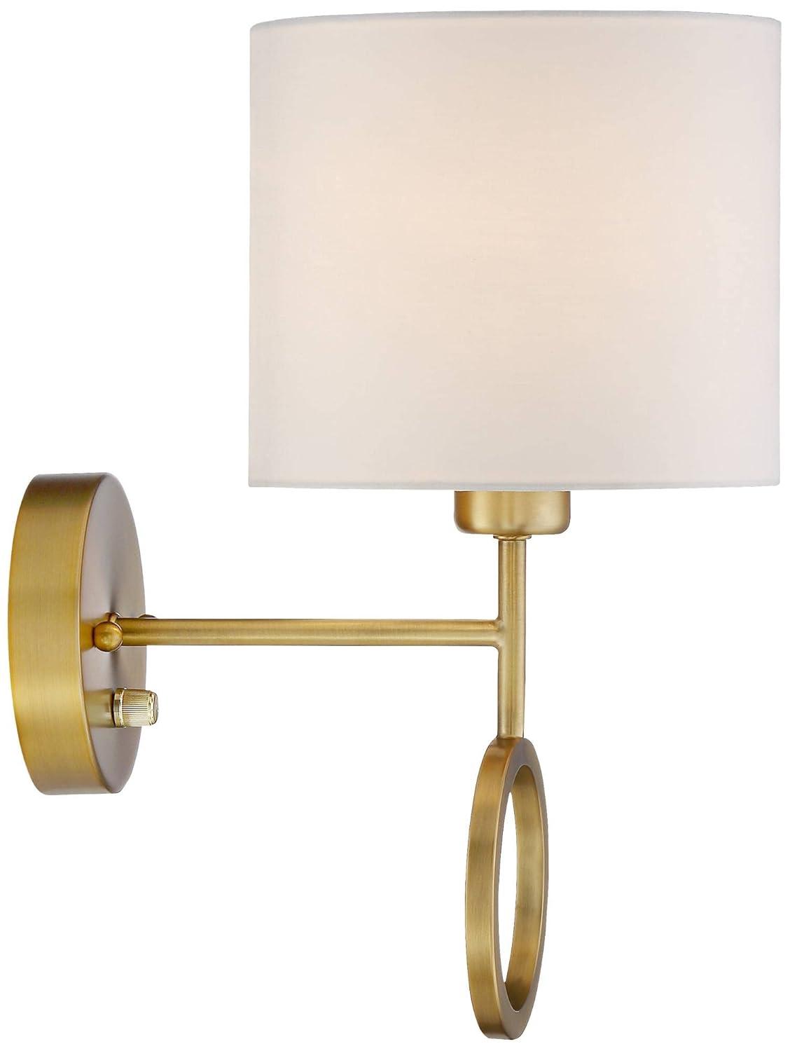 360 Lighting Amidon Modern Wall Lamp Warm Brass Metal Plug-in 8" Light Fixture White Fabric Drum Shade for Bedroom Reading Living Room House Home