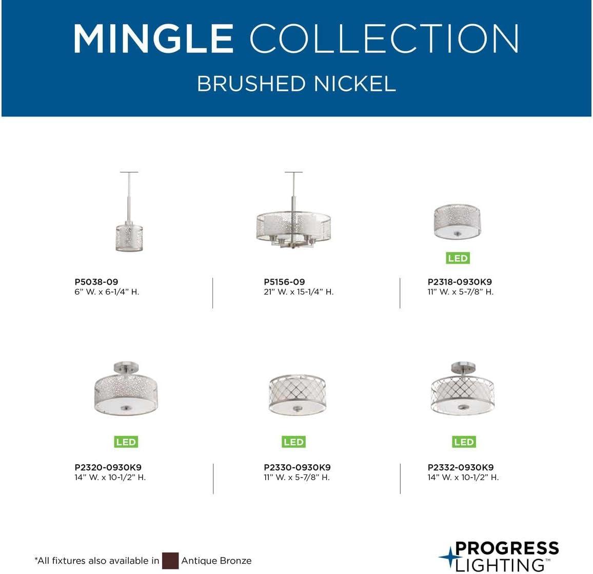 Progress Lighting Mingle 1-Light LED Flush Mount, Brushed Nickel, Etched Parchment Glass Shade