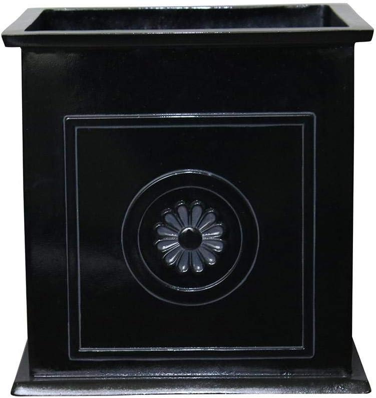 Glossy Black Square Resin Planter with Floral Medallions, 16"