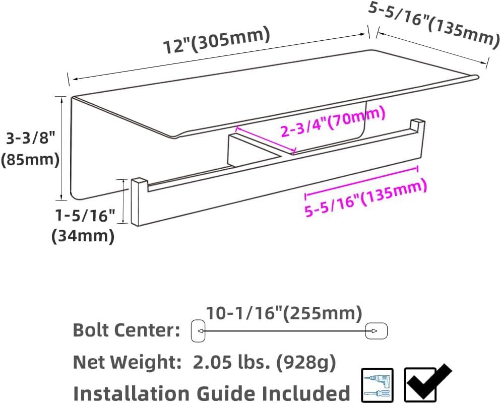 Matte Black Stainless Steel Double Toilet Paper Holder with Shelf