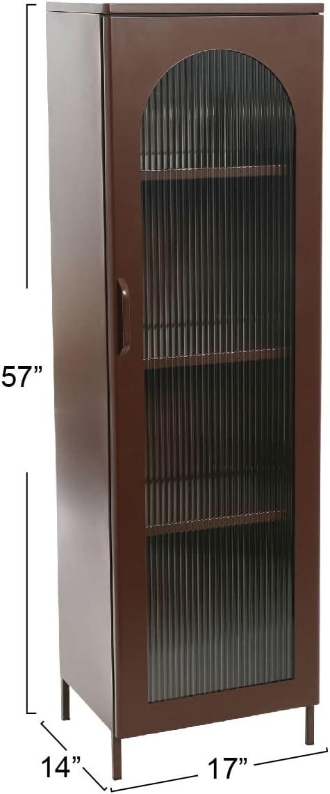 Storied Home Tall Metal Accent Cabinet: 3 Shelves, Arched Glass, Vintage Brown, 57" Height
