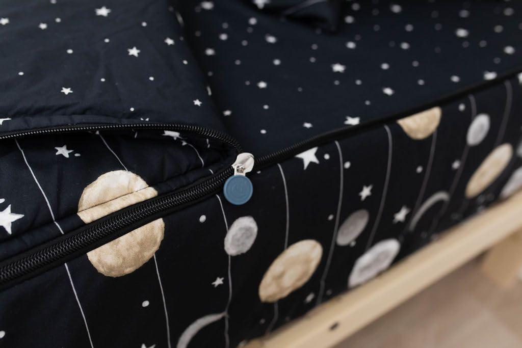 Beddy's Space Theme Durable Zipper Bedding for Kids, Bed in a Bag, Black Sheets and Universe Galaxy Comforter with Stars & Solar System, Includes Pillowcase and Sham, Easy to Make and Wash