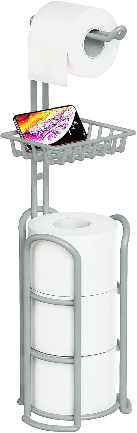 Silver Gray Free Standing Toilet Paper Holder With Shelf, Durable And Compact Design