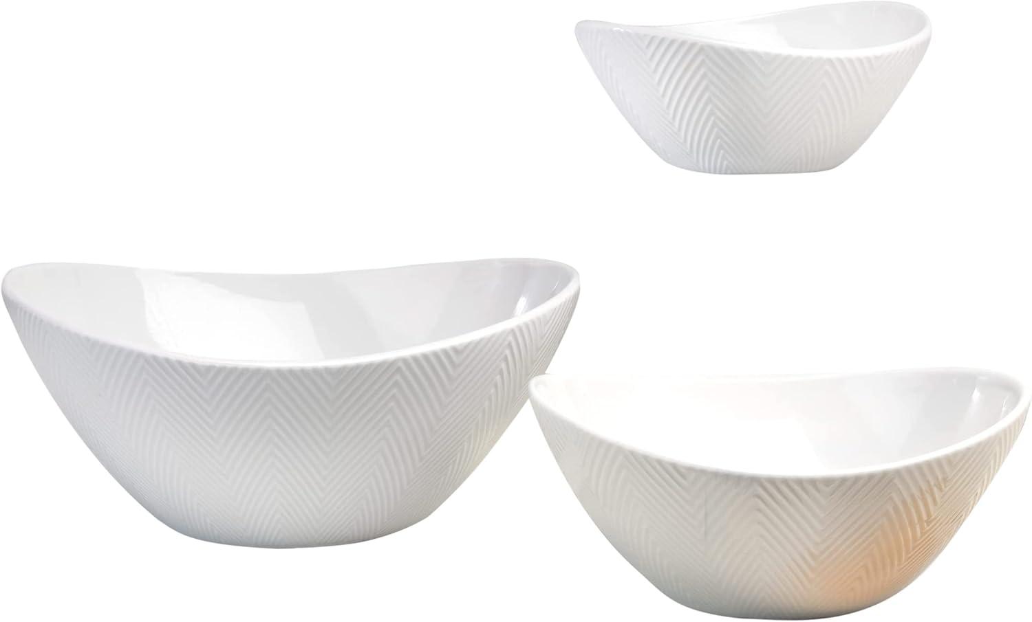 White Chevron Textured Porcelain Oval Serving Bowls Set