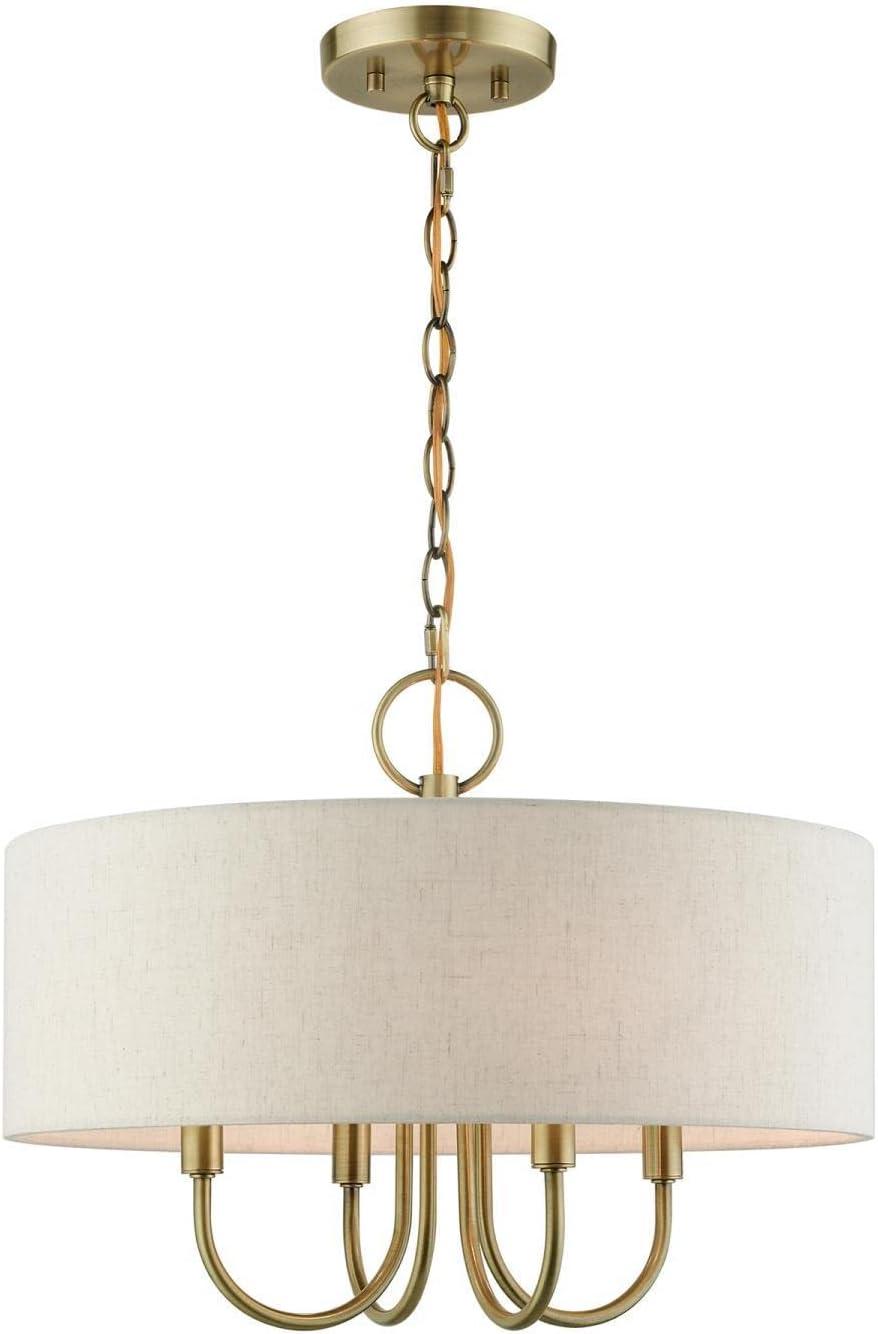 Elegant Antique Brass Drum Pendant Chandelier with Oatmeal Shade