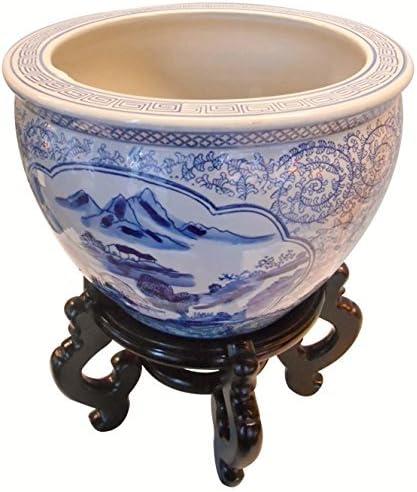 Blue and White Porcelain Garden Pots Painted Landscape (10" W x 8" H | Inside Rim 8" | Base 6.5")