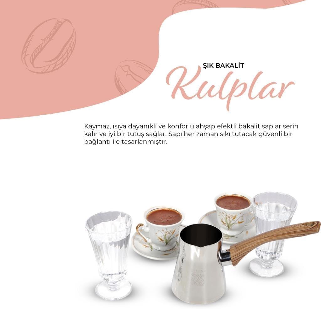 Serenk Turkish Coffee Pot Set, 4-Piece Stainless Steel w/Stand, 2-4 Cup Sizes, 18/10 Steel, Gas Stove Compatible