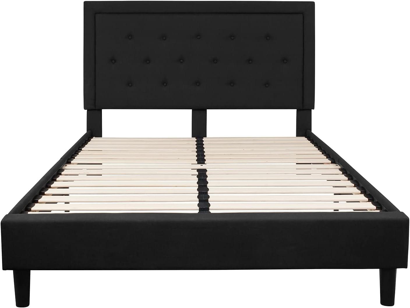 Queen Black Tufted Upholstered Platform Bed with Headboard