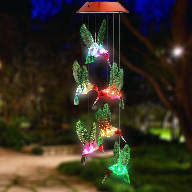 Solar Mobile Wind Chime with Color-Changing LED Lights - Waterproof Hummingbird Wind Chimes for Home, Party, Garden Decoration (Copper Board Hummingbird)