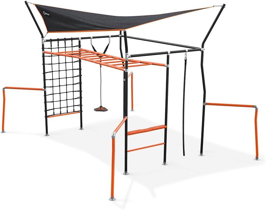 VULY Family Quest Monkey Bars Large Ninja Warrior Playset with Shade Cover, Cargo Net, Gym Rope, Bounce Swing
