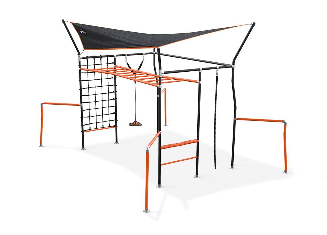 VULY Family Quest Monkey Bars Large Ninja Warrior Playset with Shade Cover, Cargo Net, Gym Rope, Bounce Swing