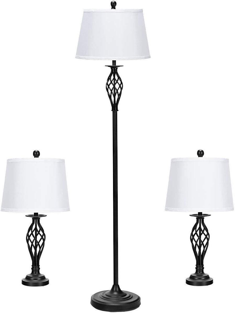 Tangkula Lamp Set 3-Piece Modern Antique Bronze Finish Lamps, Floor Lamp and Table Lamps Set with Soft Pleated White Fabric Shades