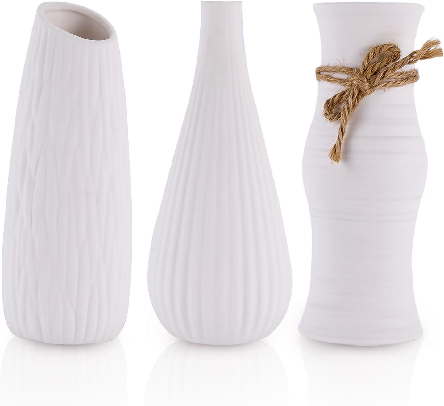 CosmoLiving by Cosmopolitan 3"W, 12"H Slim Textured Bottleneck White Ceramic Vase with Varying Patterns, Set of 3