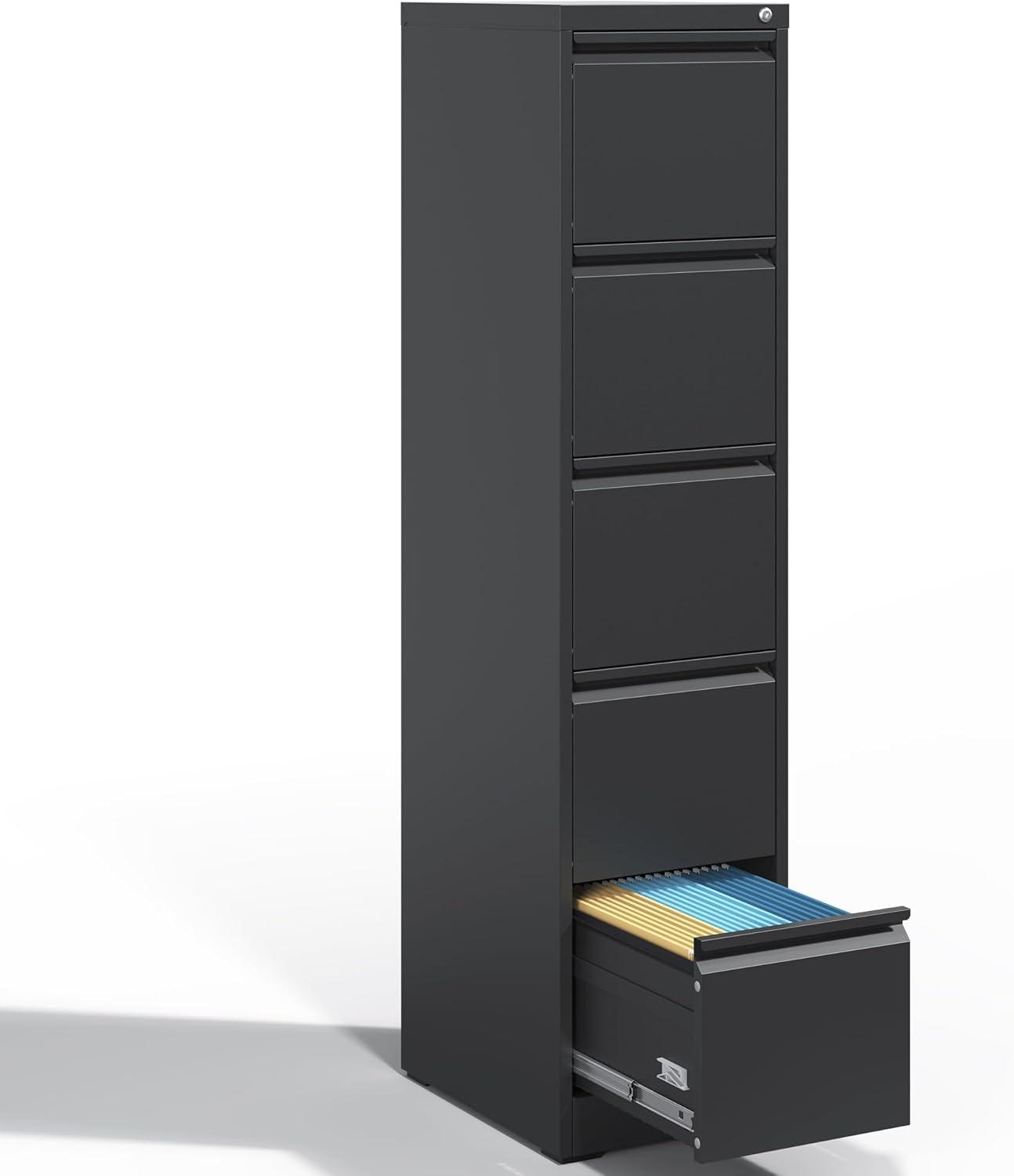 Yiyuanjin 5 Drawer Vertical Metal File Cabinet with Lock for A4 Legal/Letter Size, Black