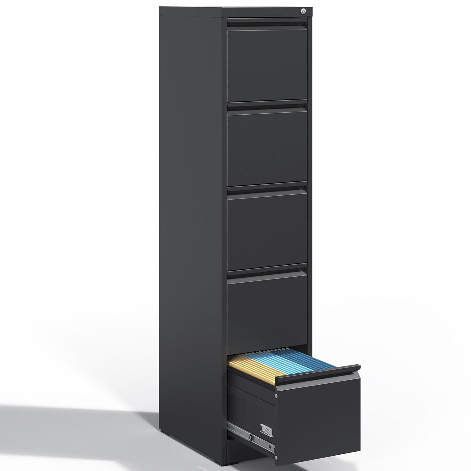 Yiyuanjin 5 Drawer Vertical Metal File Cabinet with Lock for A4 Legal/Letter Size, Black