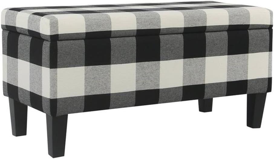 Large Decorative Storage Bench Black Plaid - HomePop: Upholstered Ottoman for Bedroom & Entryway