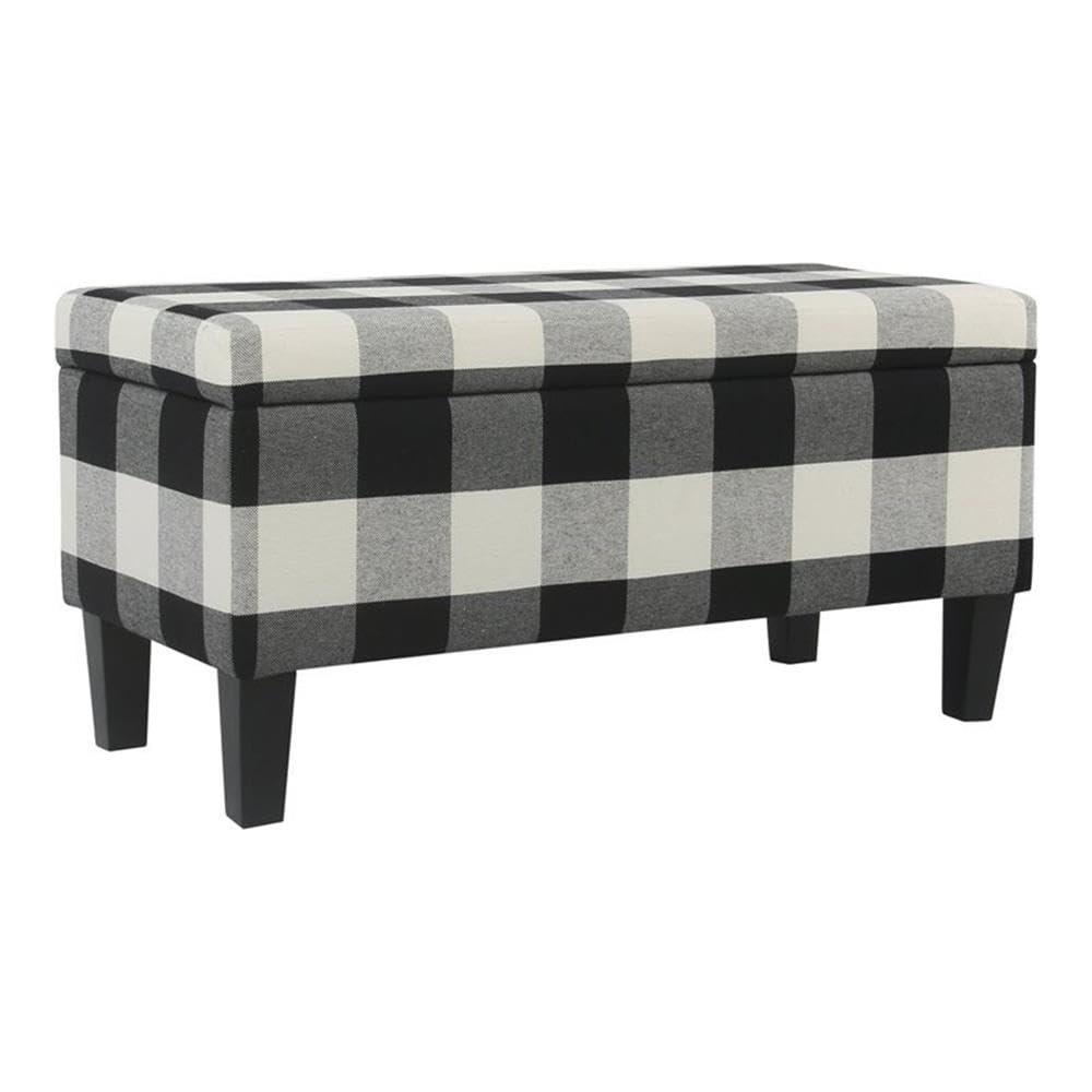 Large Decorative Storage Bench Black Plaid - HomePop: Upholstered Ottoman for Bedroom & Entryway