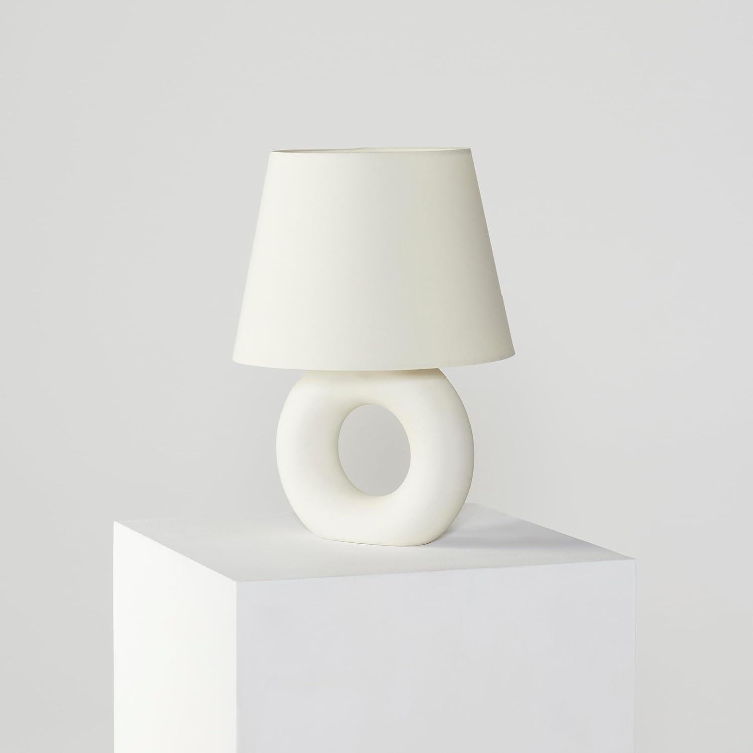 Brightech Chloe 15.5" Modern LED Table Lamp with Circular Ceramic Base and Natural Cotton Shade