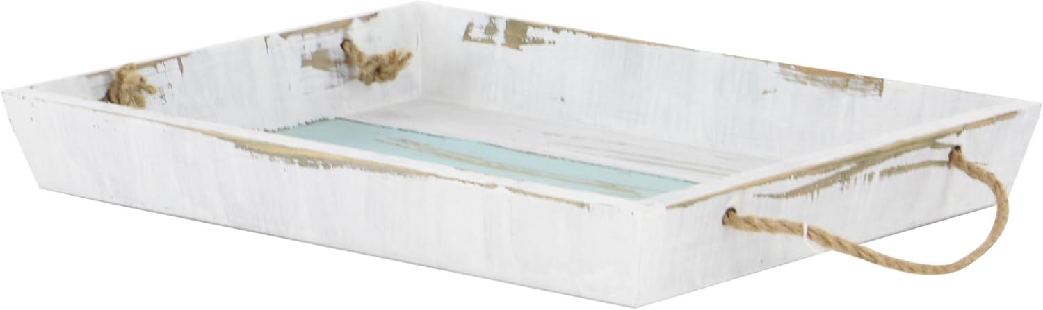 DecMode 18", 15"W White Wood Distressed Tray with Blue Stripes and Jute Handles, 2-Pieces