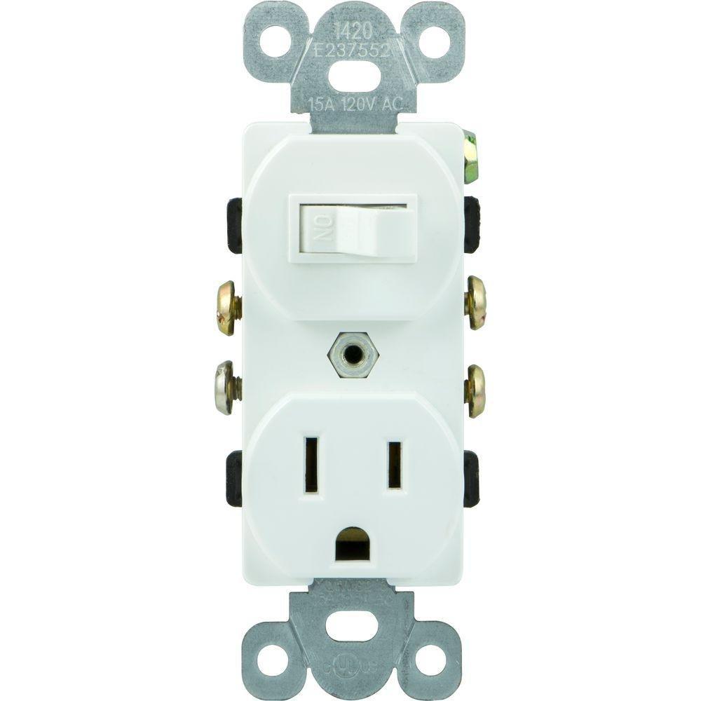 GE Wall Switch & Outlet Combo, Two-in-One Receptacle, 1 On/Off Toggle Power Switch, 1 Grounded AC Outlet Wall Plug, Single Pole, 3 Prong, 15 Amp, UL Listed, White, 59797