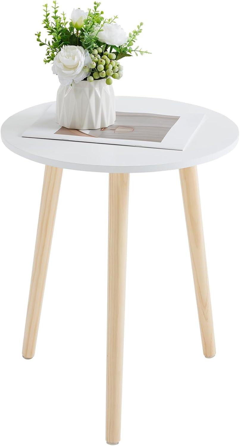 Round Side Table Set of 2, White Nightstand Coffee End Table for Living Room, Bedroom, Small Spaces, Modern Home Decor Bedside Table with Natural Wood Legs, 16.5 Inches