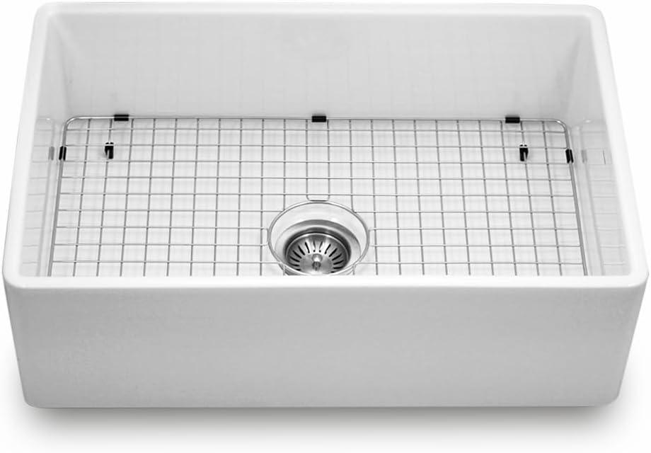 Houzer 33 inFireclay Apron Front Farmhouse Kitchen Sink w/ Strainer, Grid - PTG-4300 WH-C