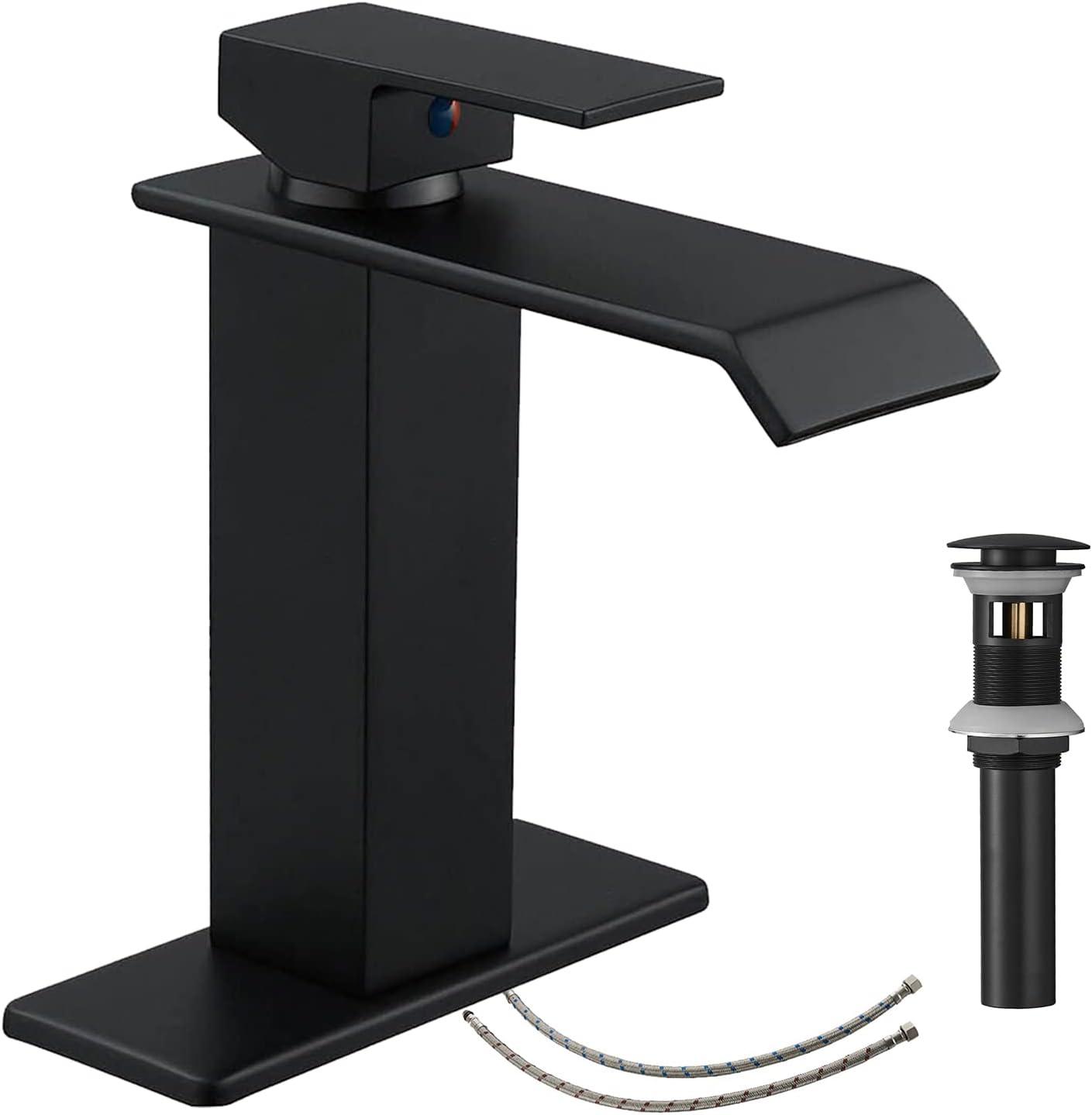 Matte Black Single Hole Waterfall Bathroom Faucet with Pop-Up Drain