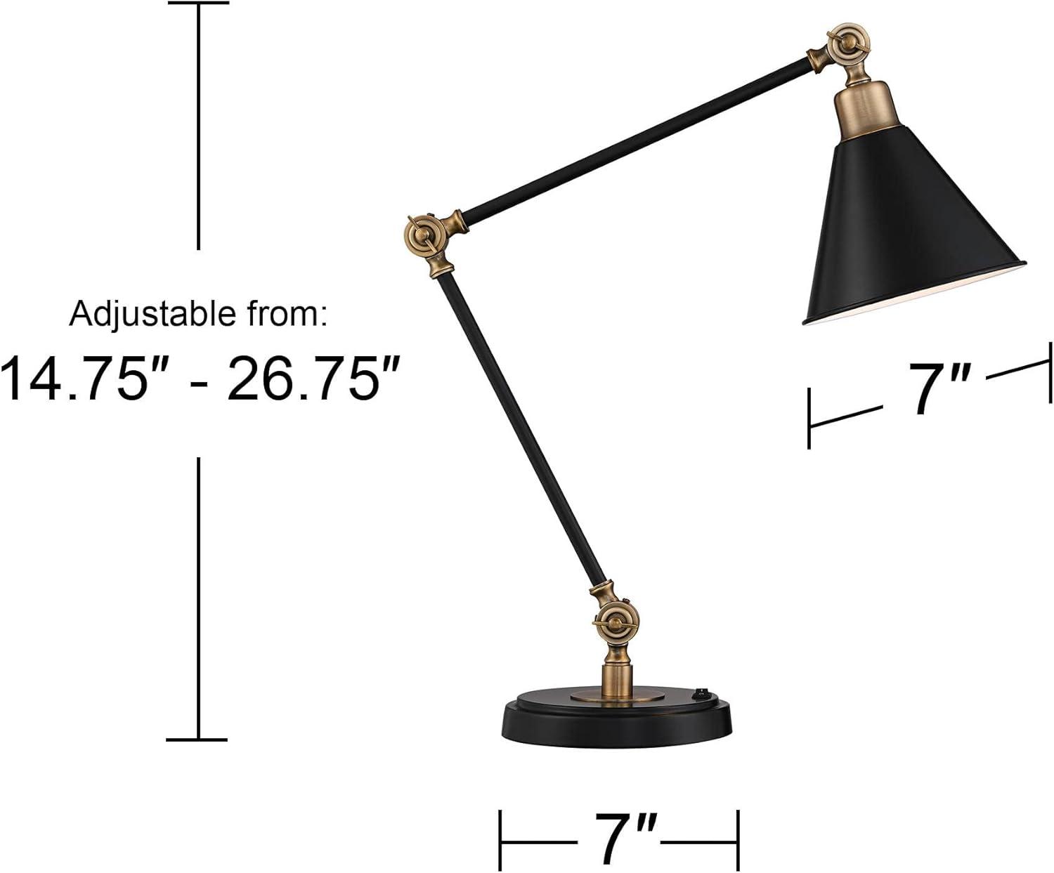 360 Lighting Modern Industrial Desk Table Lamp with USB Charging Port Adjustable 26.75" High Black Antique Brass for Bedroom Bedside Office