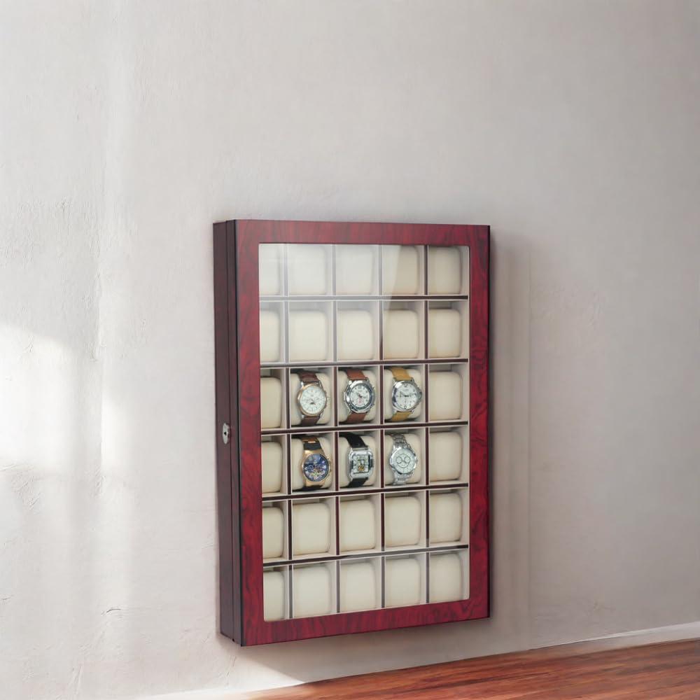 Cherry Wood 30-Slot Wall Mounted Watch Display Case