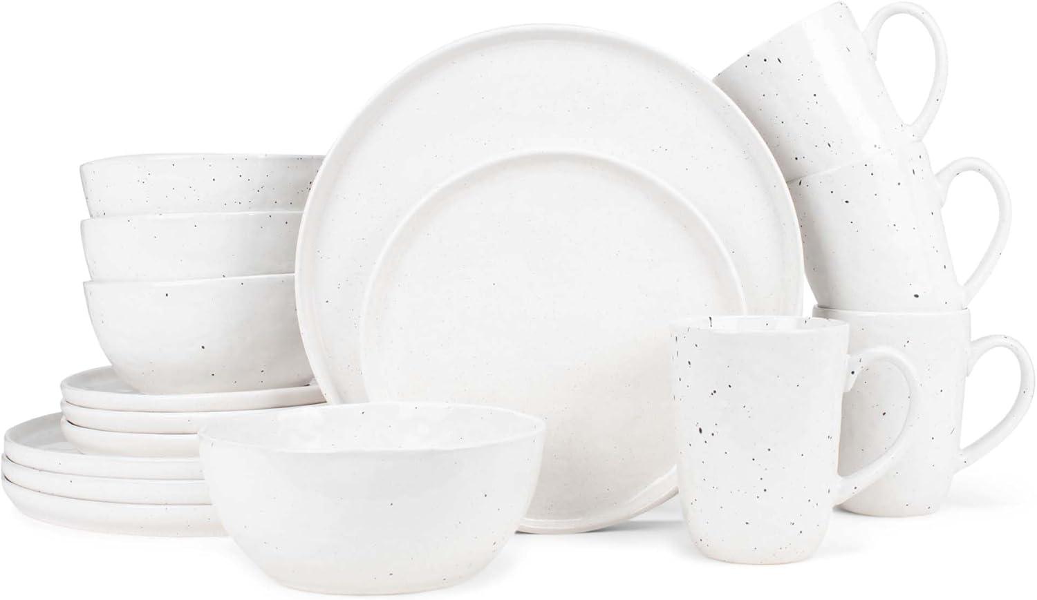 Elanze Designs Shiny Speckled Ceramic Dinnerware 16 Piece Set - Service for 4, White