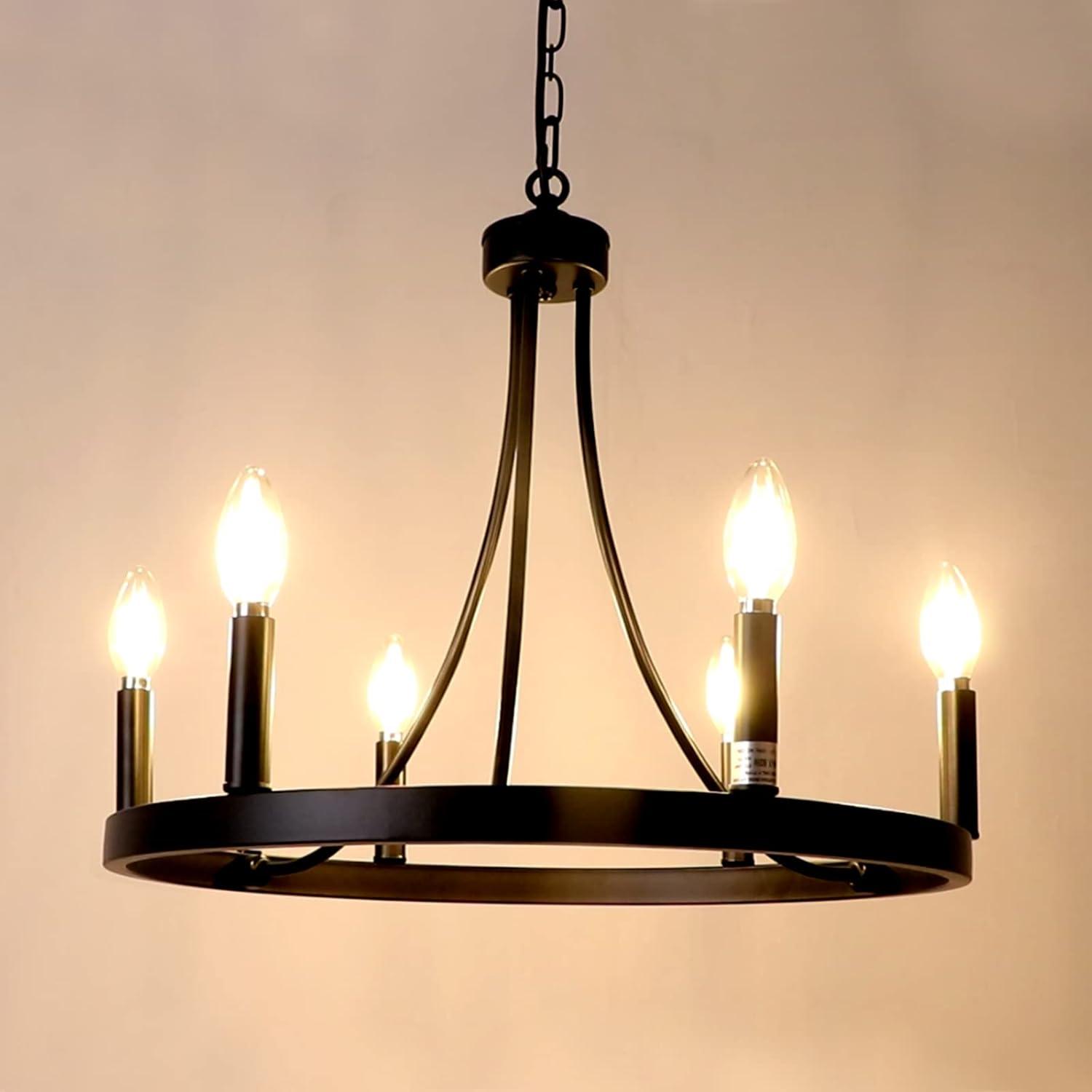 Black Metal 6-Light Wagon Wheel Chandelier