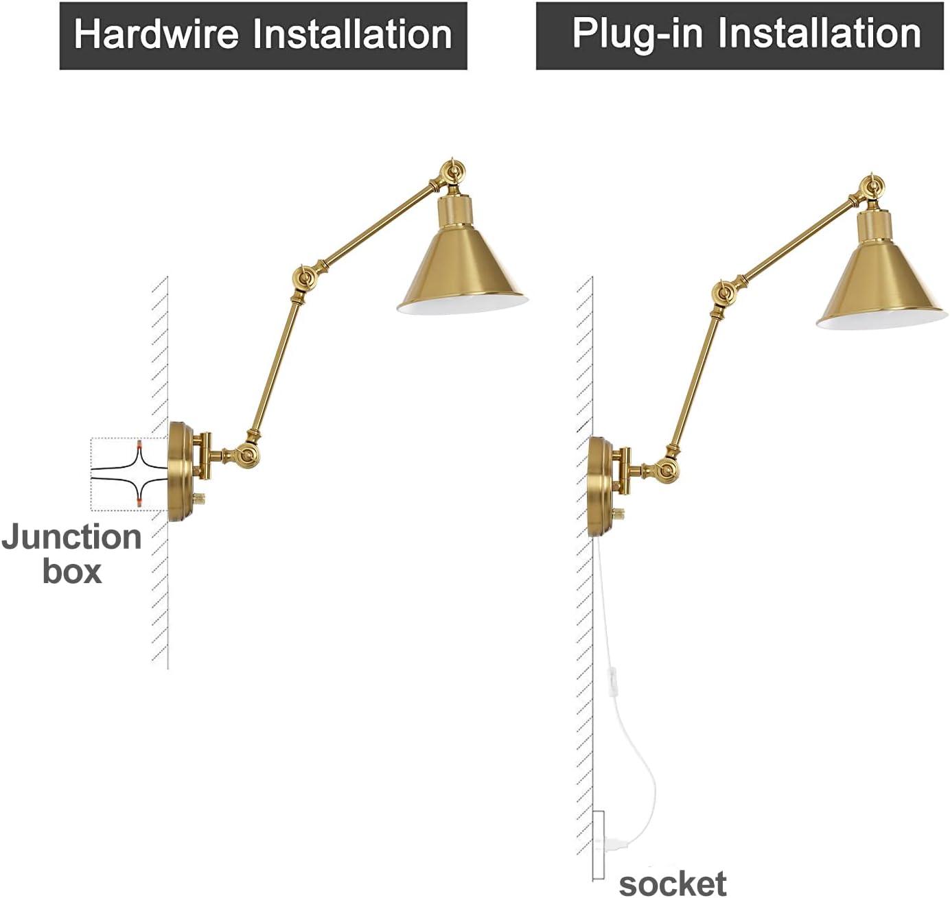 TRLIFE Wall Sconce Plug In, Dimmable Wall Sconce Brushed Brass Swing Arm Wall Lights with Plug in Cord and Dimmer On/Off Knob Switch, Wall Mounted Light for Bedside Bedroom Stairway (1 Pack, 1 Bulb)