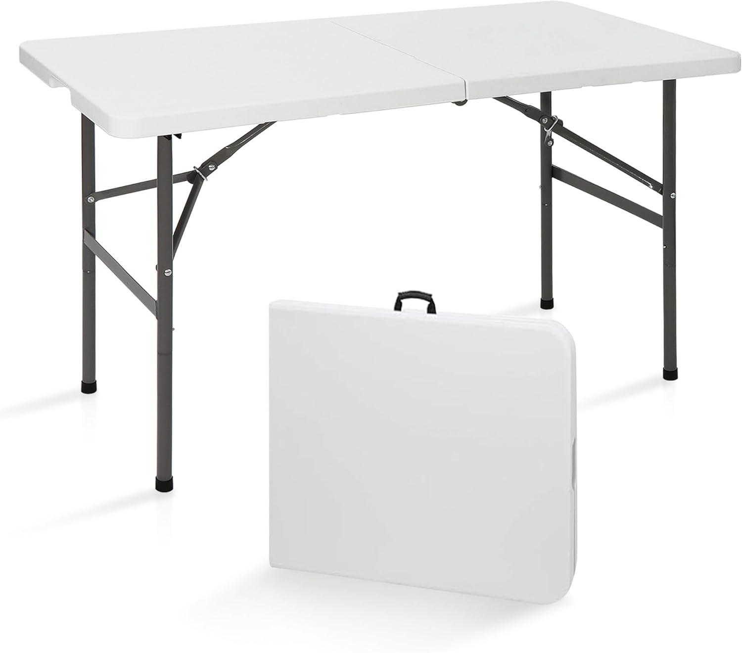 ZENY 4ft Portable Folding Table Plastic Indoor Outdoor Picnic Party Camp Dining Table with Handle, White