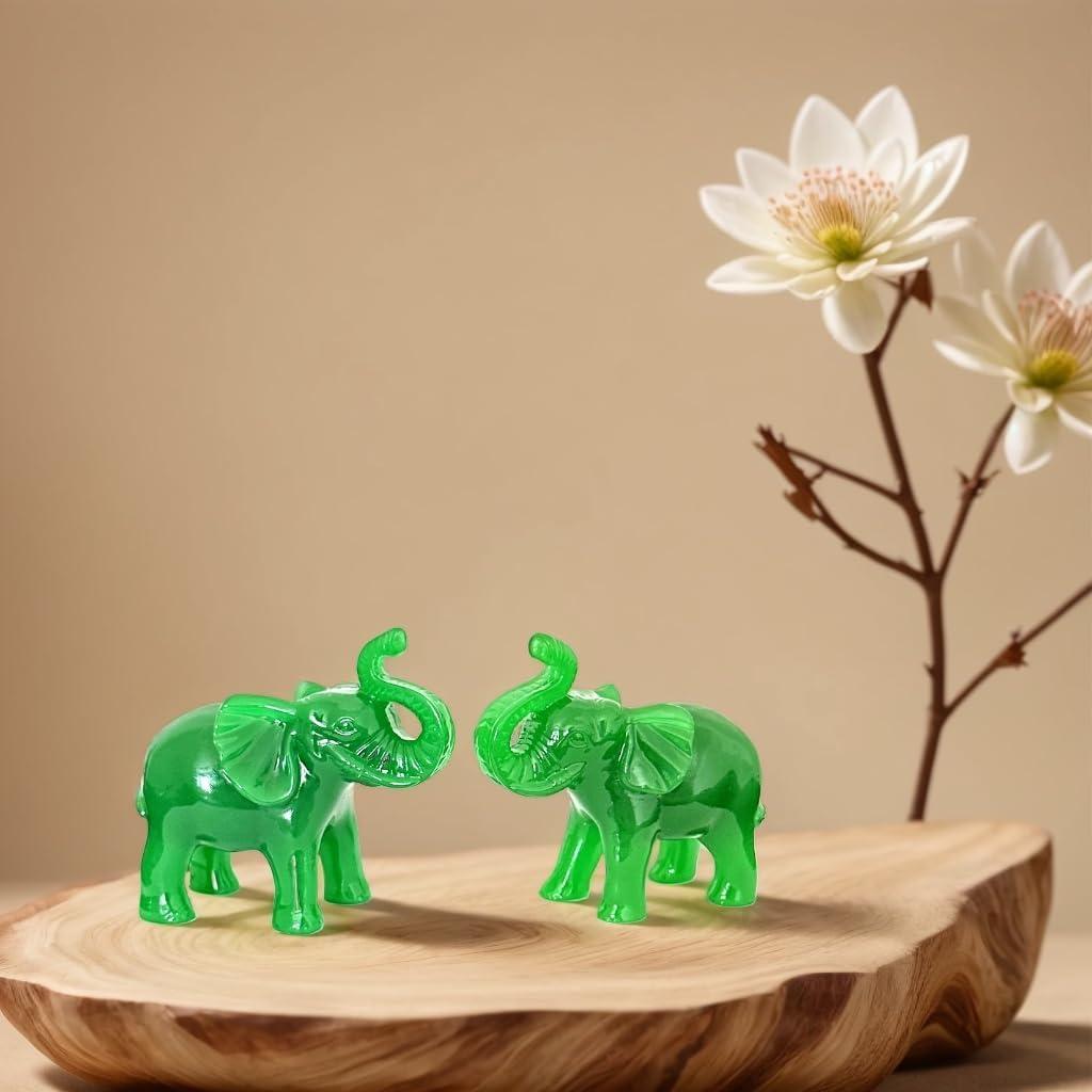 A Pair of Jade Green Color Feng Shui Trunk up Elephant Statue Figurine Home Office Decoration for Good Fortune