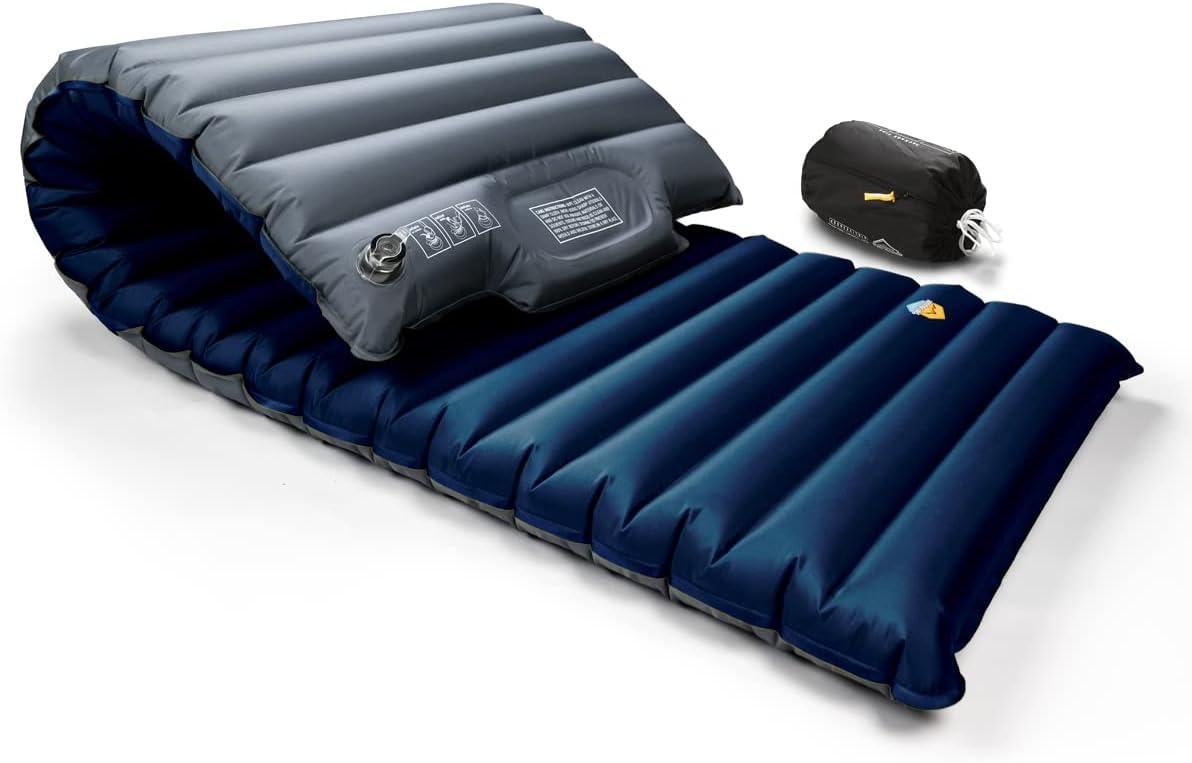 Extra Wide Dark Blue Inflatable Sleeping Pad with Built-in Pump