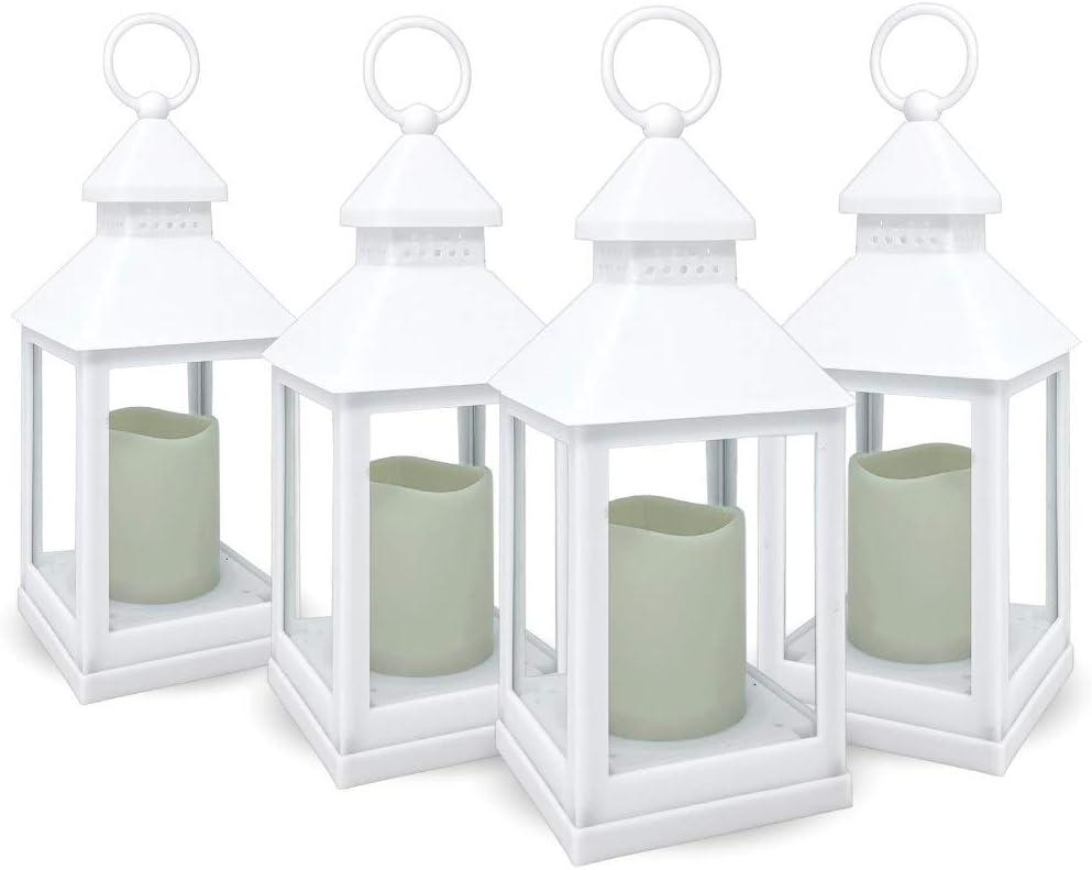 Decorative White Lanterns - Set of 4 - 4 Hour Timer - Remote – 9 3/8"H White LED Lanterns with Flameless Pillar Candles Included - Indoor/Outdoor Lantern Set- Hanging or Sitting Decoration - 9634-4W
