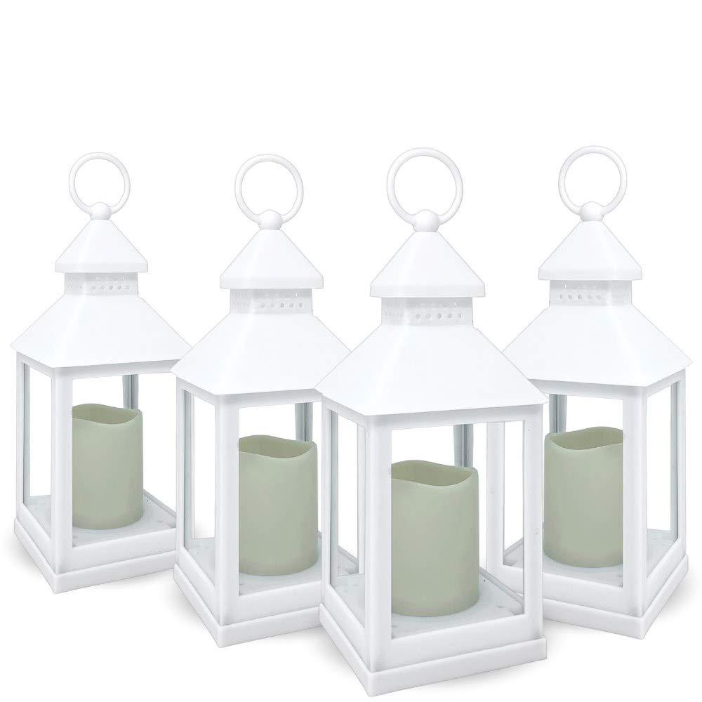 Decorative White Lanterns - Set of 4 - 4 Hour Timer - Remote – 9 3/8"H White LED Lanterns with Flameless Pillar Candles Included - Indoor/Outdoor Lantern Set- Hanging or Sitting Decoration - 9634-4W