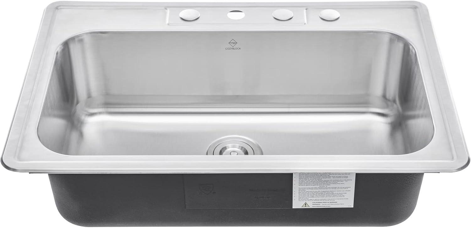 33-Inch Brushed Stainless Steel Drop-In Single Bowl Kitchen Sink