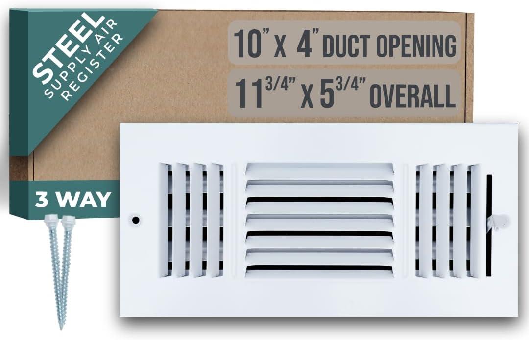 White Steel 3-Way Air Supply Diffuser for 10x4 Duct Opening