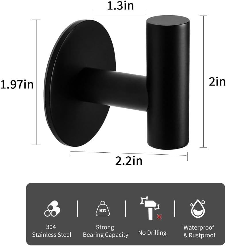 MODANU 2 Pack Stainless Steel Bathroom Towel Hook Robe Hook Shower Kitchen Wall Hanging Hooks No Drill Wall Mount, Matt Black