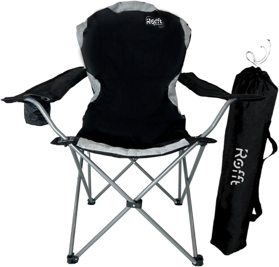 ROFFT Camping Chair, Folding, Heavy Duty, Portable, 250 lb Capacity, High Back, with Cup Holder, Black
