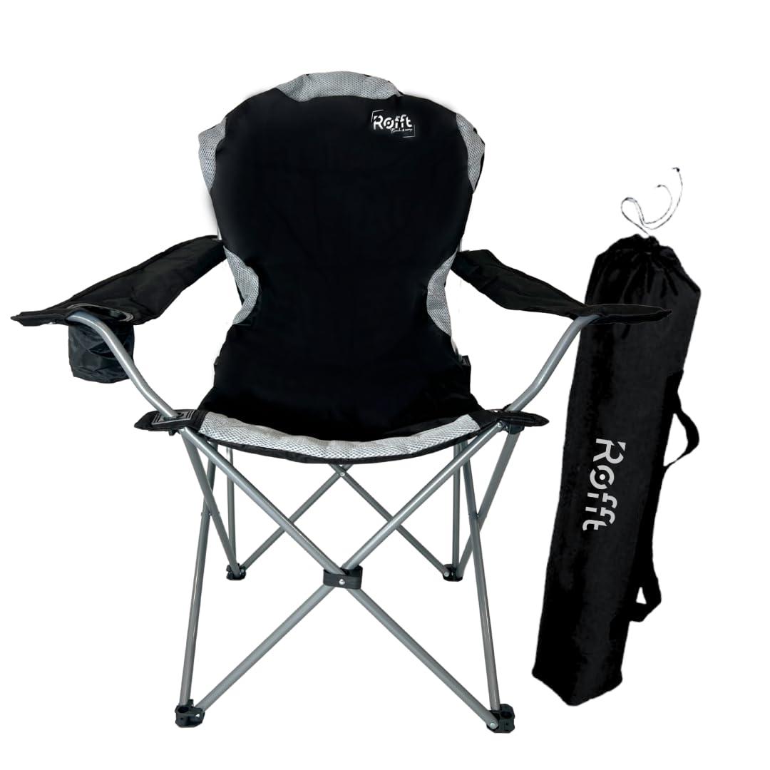 ROFFT Camping Chair, Folding, Heavy Duty, Portable, 250 lb Capacity, High Back, with Cup Holder, Black