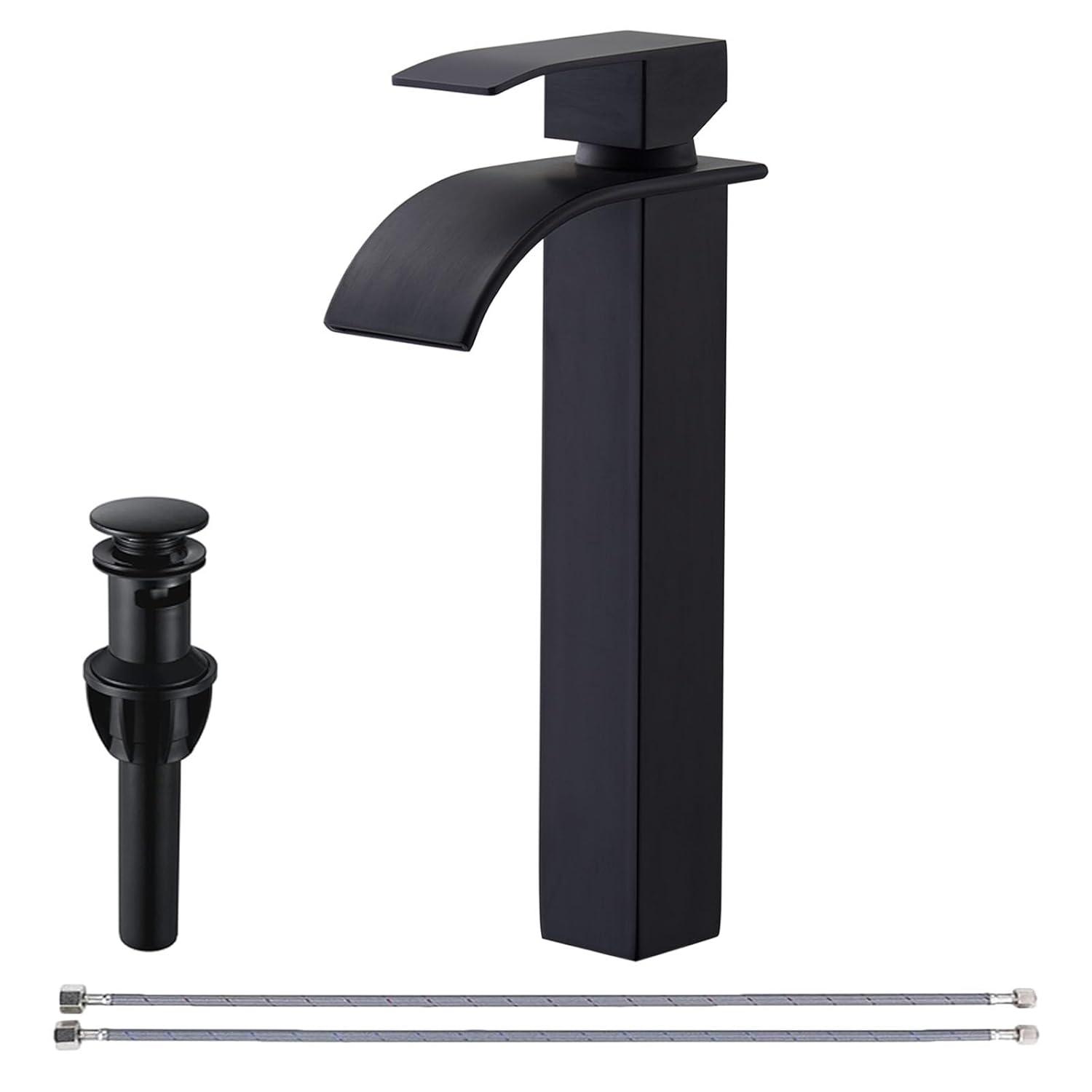 Waterfall Bathroom Faucet Single Handle，Bathroom Sink Faucet 1 Hole，Waterfall Faucet for Bathroom Sink，Vessel Sink Faucet Matte Black Tall Bathroom Faucet