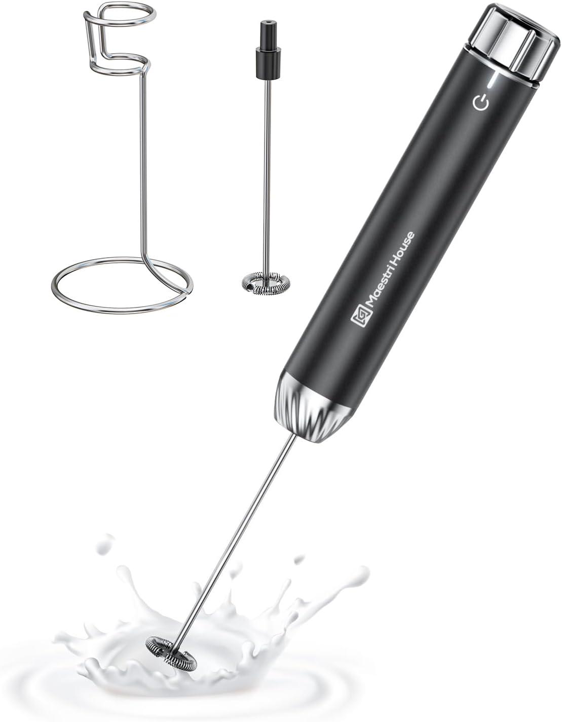 MODERN WALLS LLC Rechargeable Milk Frother With Stepless Speed Control, Handheld Electric Foam Maker Waterproof Drink Mixer Foamer With Stainless Steel Stand & Detachable Whisks For Lattes, Cappuccino