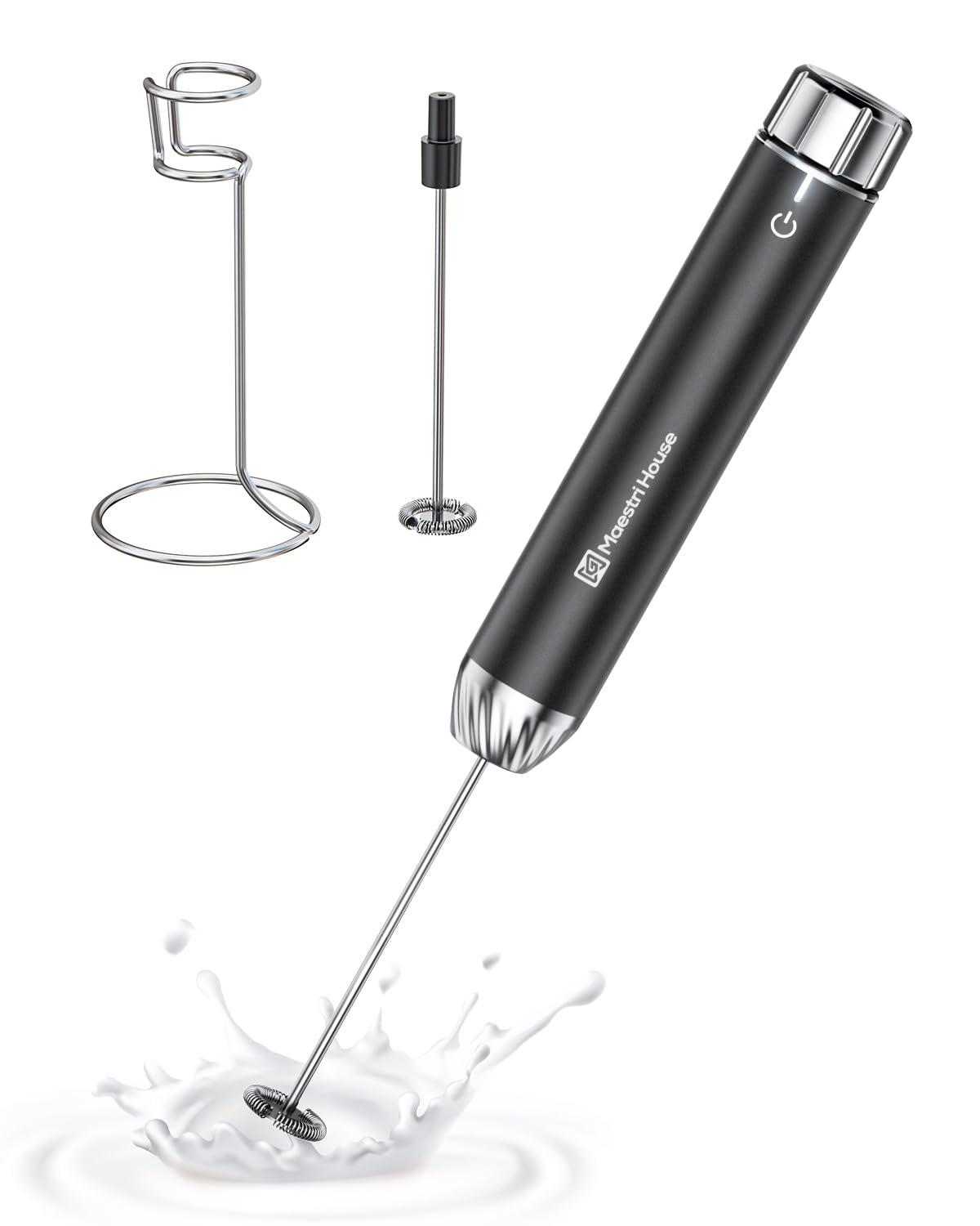 MODERN WALLS LLC Rechargeable Milk Frother With Stepless Speed Control, Handheld Electric Foam Maker Waterproof Drink Mixer Foamer With Stainless Steel Stand & Detachable Whisks For Lattes, Cappuccino