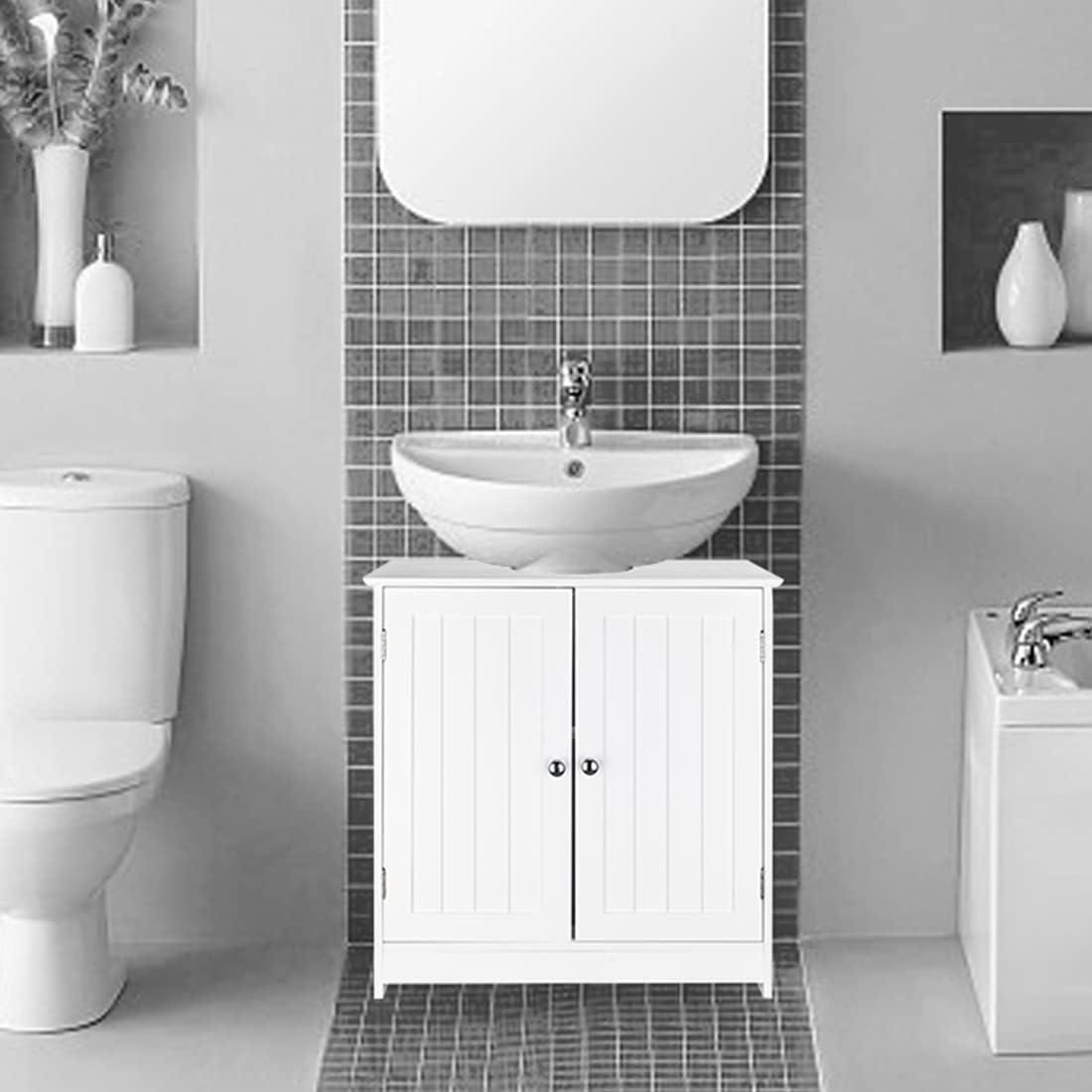 White Engineered Wood Pedestal Bathroom Sink Cabinet with Slatted Doors