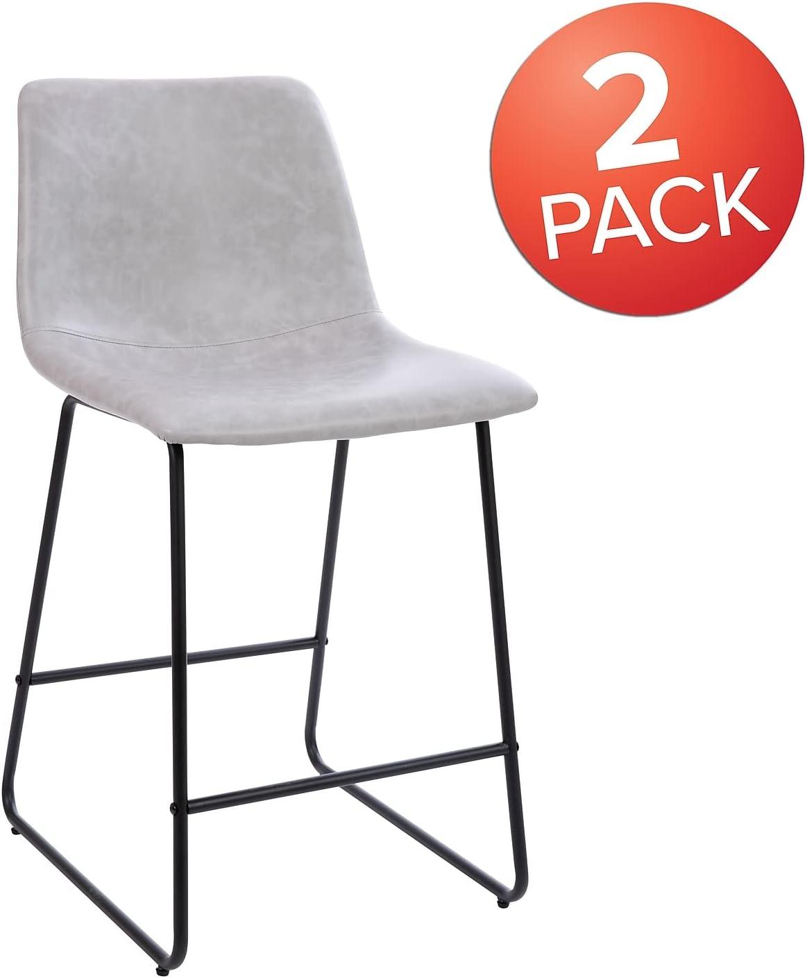 Adjustable Light Gray Leather & Metal Dining Stools, Set of 2