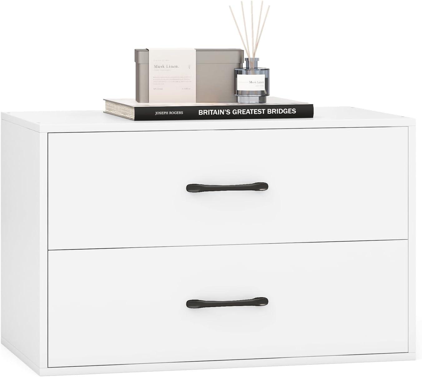 LOKO 2-Drawer Stackable Dresser, Lateral File Cabinet with Metal Handle, Horizontal Storage Cabinet with Anti-Topping Kits, Stacking Drawer Chest for Living Room, Study, Office (1, White)