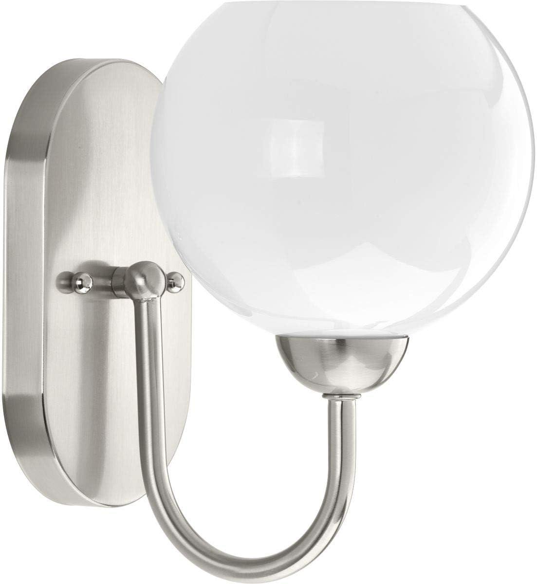 Progress Lighting Carisa 1-Light Bath Wall Light, Brushed Nickel, White Glass Shade